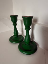 Image 1 of Vintage Green Wooden Candlesticks