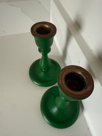 Image 3 of Vintage Green Wooden Candlesticks