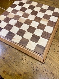 Image 1 of Premium Swivel Chess Board • 2.25" Maple/Walnut Squares • Cherry & Walnut Frame