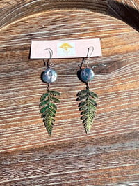 Image 1 of Iridescent Baroque freshwater pearl and hand painted hammered fern leaf earrings 