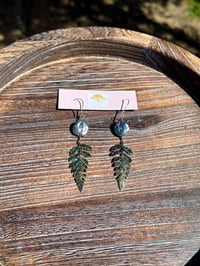 Image 2 of Iridescent Baroque freshwater pearl and hand painted hammered fern leaf earrings 