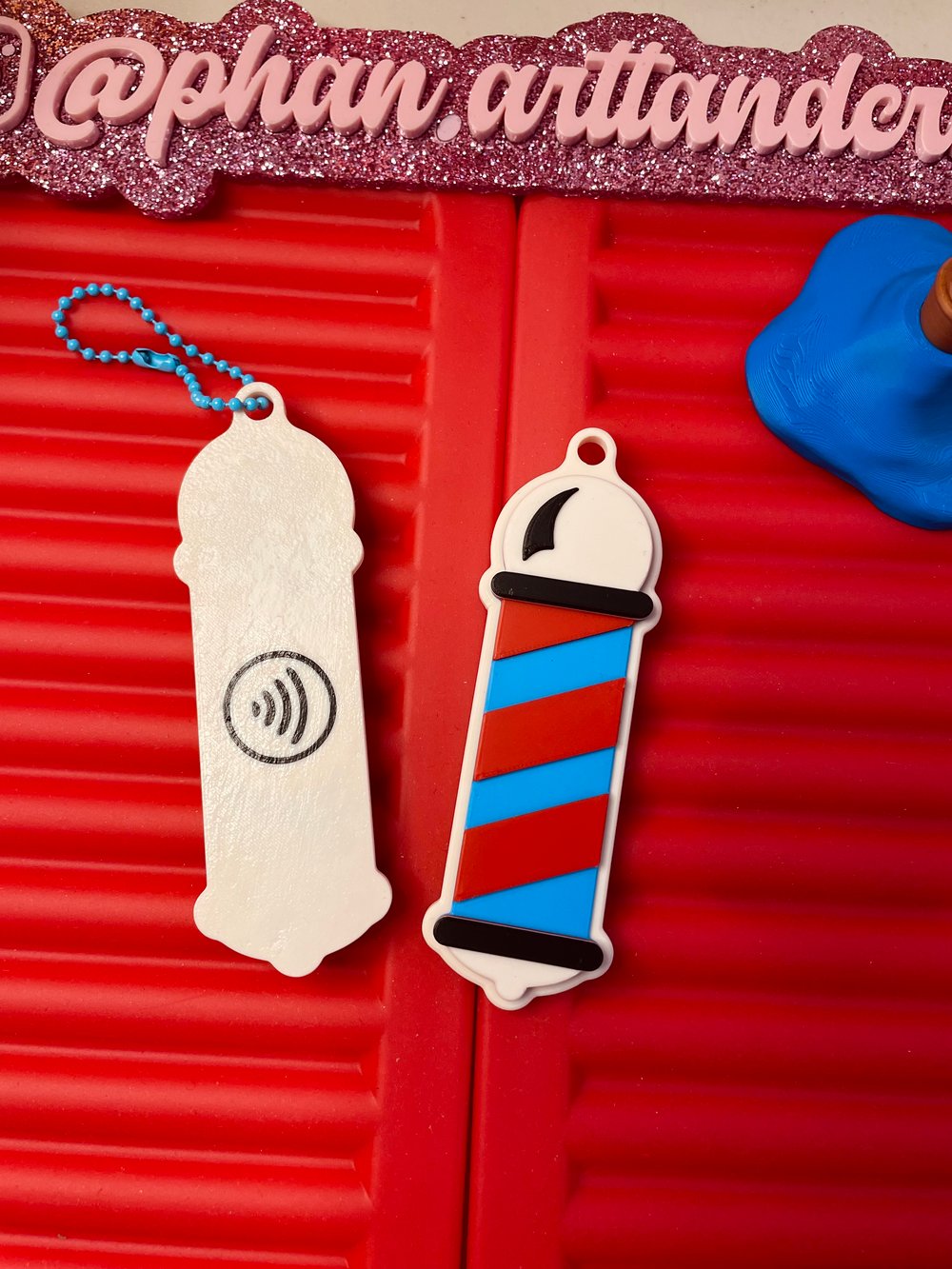 Image of Barber pole NFC keychain