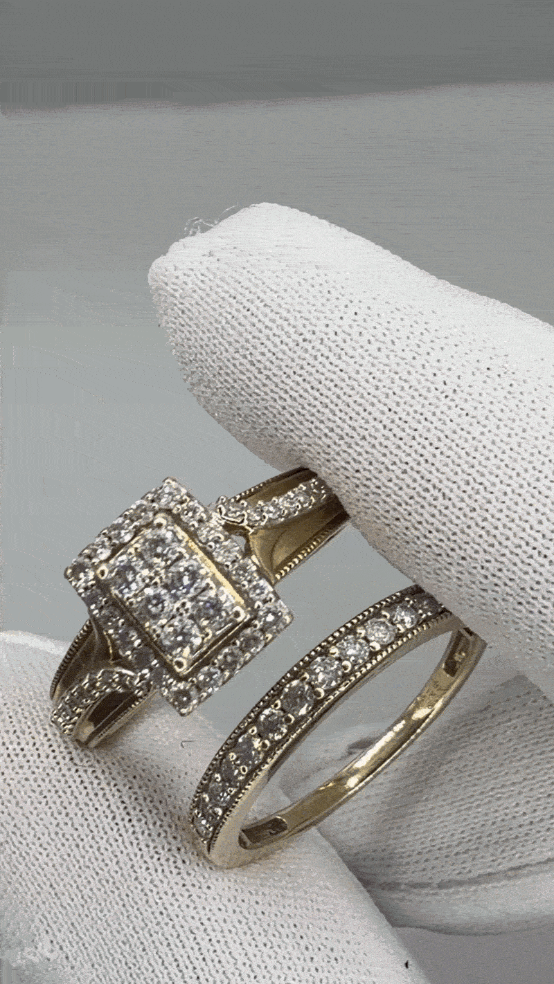 Image of Vintage 9K Gold 0.5ct Natural Diamond Cluster Ring and Half Eternity Band Set 