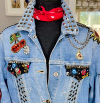 Image 2 of Women's Uniqlo Jacket  Up cycled Silver Studded Sugar Skull Tattoo Rockabilly wear able art 
