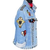Image 3 of Women's Uniqlo Jacket  Up cycled Silver Studded Sugar Skull Tattoo Rockabilly wear able art 