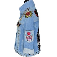 Image 4 of Women's Uniqlo Jacket  Up cycled Silver Studded Sugar Skull Tattoo Rockabilly wear able art 