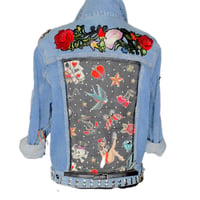 Image 6 of Women's Uniqlo Jacket  Up cycled Silver Studded Sugar Skull Tattoo Rockabilly wear able art 
