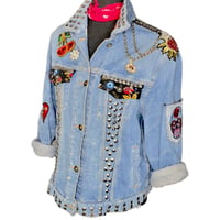 Image 8 of Women's Uniqlo Jacket  Up cycled Silver Studded Sugar Skull Tattoo Rockabilly wear able art 