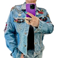 Image 9 of Women's Uniqlo Jacket  Up cycled Silver Studded Sugar Skull Tattoo Rockabilly wear able art 