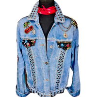 Image 1 of Women's Uniqlo Jacket  Up cycled Silver Studded Sugar Skull Tattoo Rockabilly wear able art 
