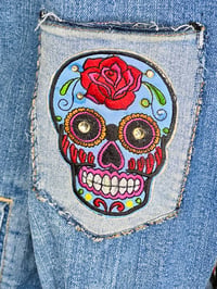 Image 10 of Women's Uniqlo Jacket  Up cycled Silver Studded Sugar Skull Tattoo Rockabilly wear able art 