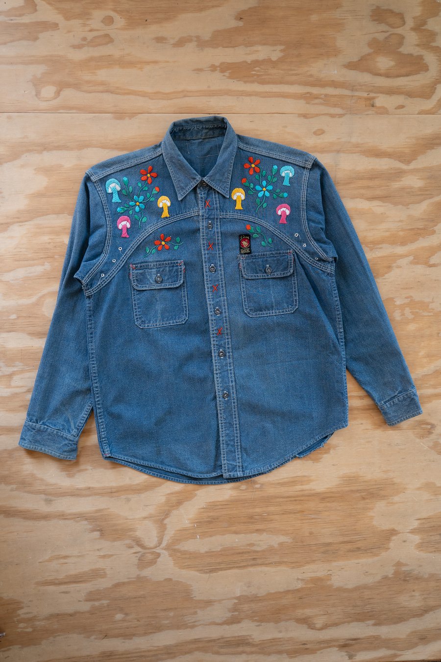 Image of Vintage Mushroom Embroidered Denim Work Shirt