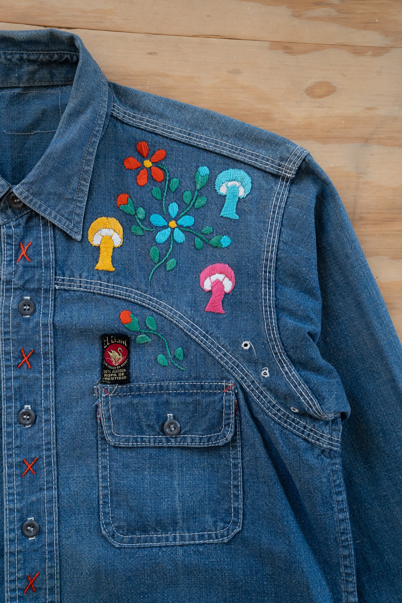 Image of Vintage Mushroom Embroidered Denim Work Shirt