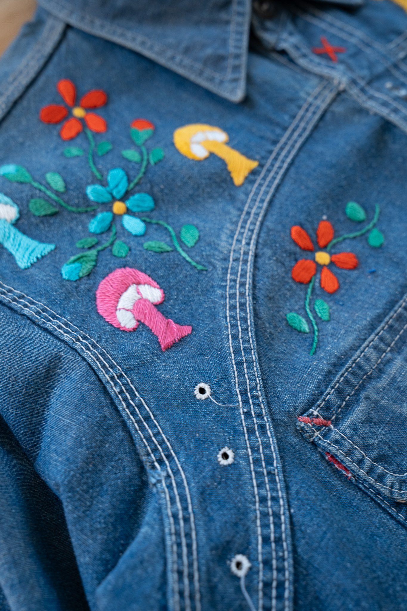 Image of Vintage Mushroom Embroidered Denim Work Shirt
