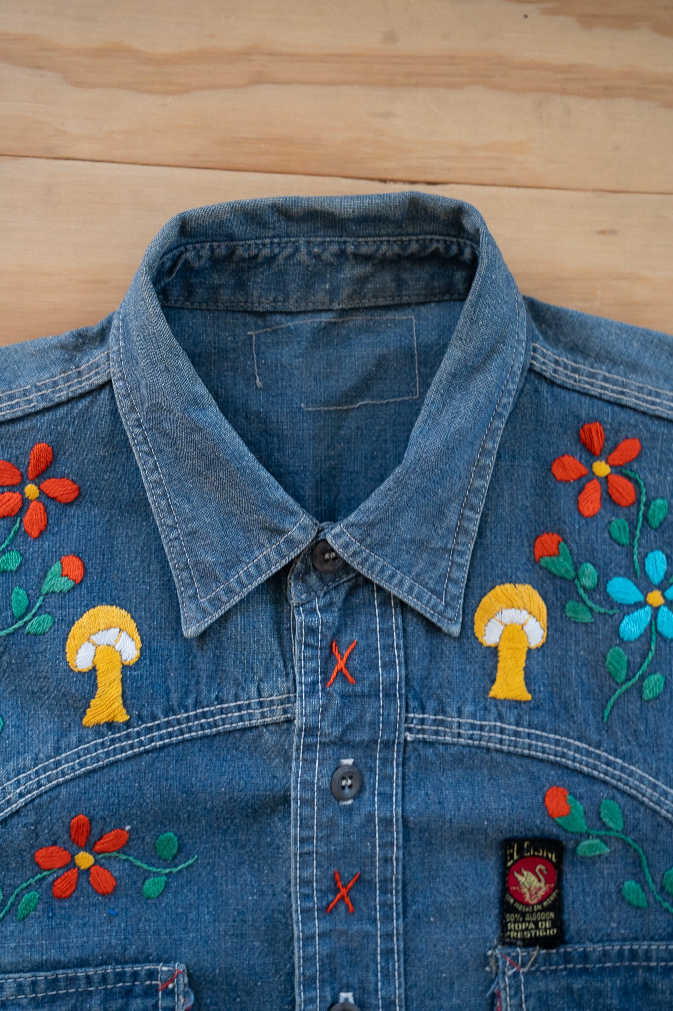 Image of Vintage Mushroom Embroidered Denim Work Shirt