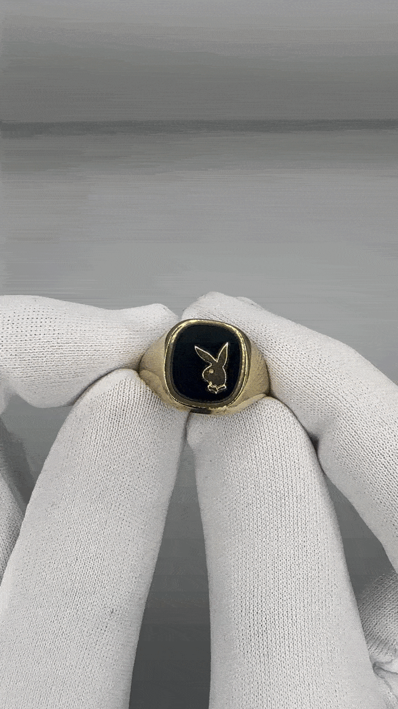 Image of Vintage 9K Gold Square Playboy Onyx Signet Ring (1980's)