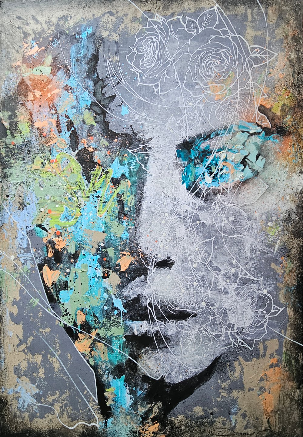 "Veil of Roses" 1/1 UNIQUE - Mixed Media on paper - FREE WORLDWIDE SHIP...