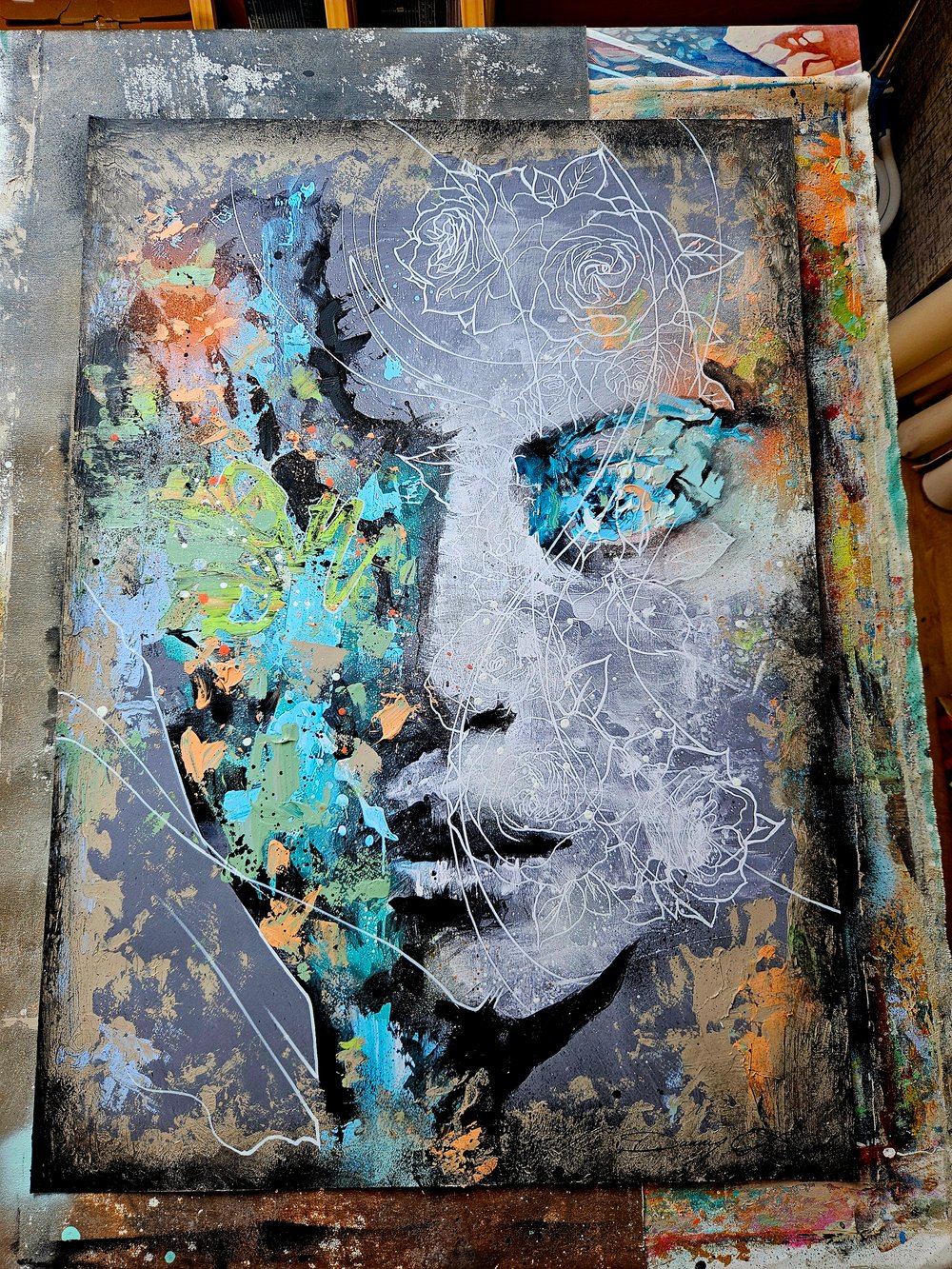 "Veil of Roses" 1/1 UNIQUE - Mixed Media on paper - FREE WORLDWIDE SHIP...