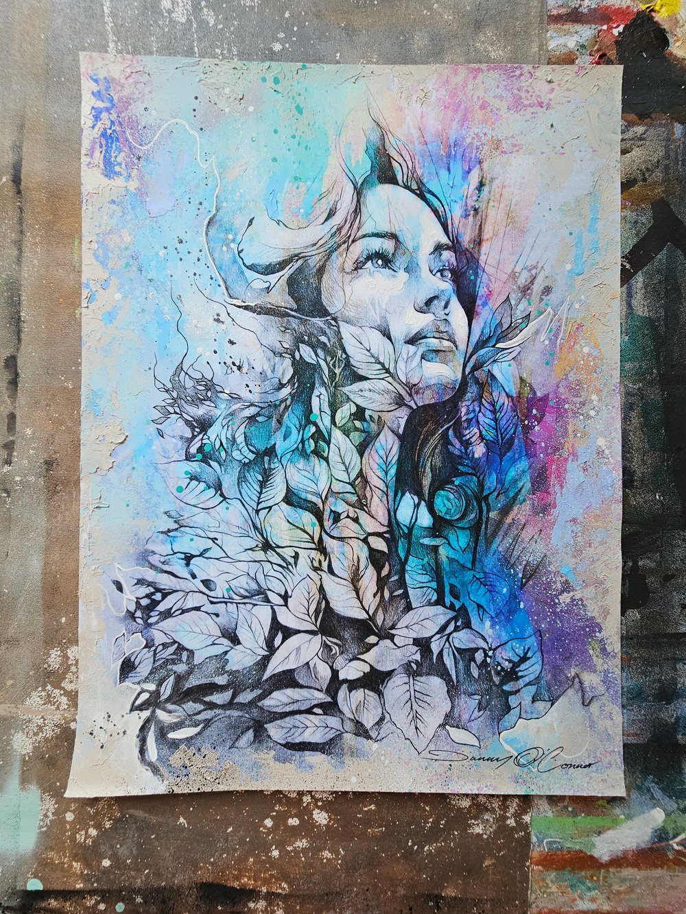 "Top of the Mountain" Blue 1/1 UNIQUE - Mixed Media on paper - FREE WORLDWIDE SHIPPIN...