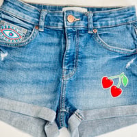 Image 6 of Women's Bershka Custom Patchwork denim cut off shorts Y2K ,evil eye & heart shaped cherry patches 