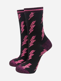 Image 1 of Copy of Lightning Bolt Women's Bamboo Socks - Black/Pink