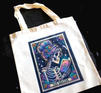 Image 1 of Handmade The Reader Tarot Card Canvas Tote Bag, Reusable, book, skull, shopping