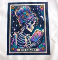 Image 2 of Handmade The Reader Tarot Card Canvas Tote Bag, Reusable, book, skull, shopping