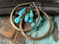 Image 5 of Kingman Turquoise Sterling Silver and Brass Hoops earrings 