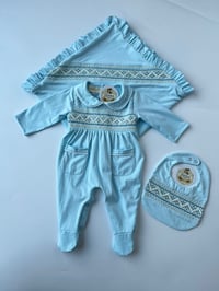 Image 1 of Blue smocked Babygrow set
