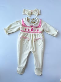 Image 3 of Pink bunny smocked Babygrow set