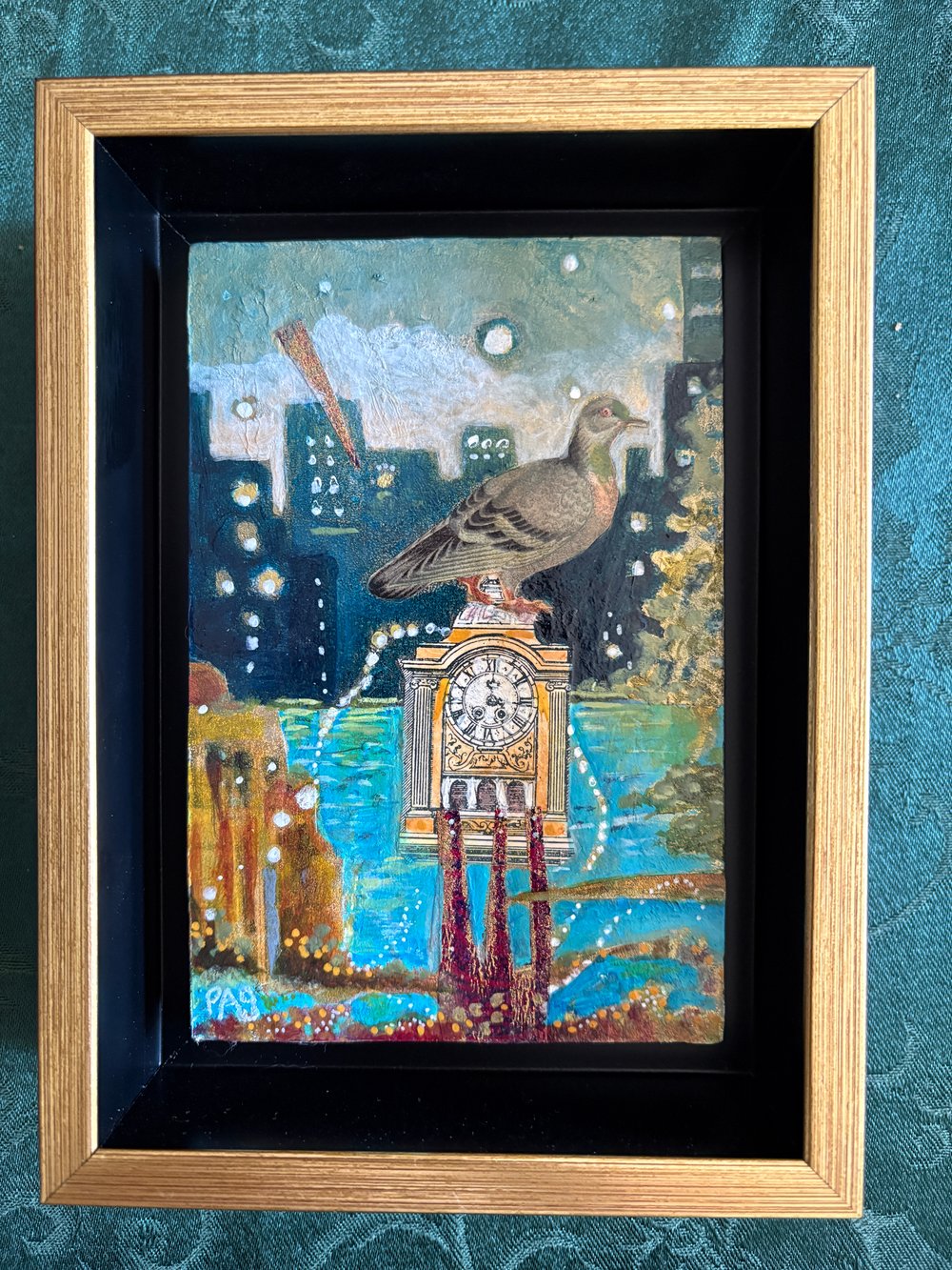 Image of THE NIGHT WATCH : Collage an Acrylic Art of a Bird on Clock in a City