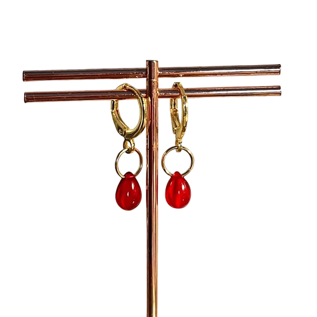 gold ruby teardrop huggie hoop earrings