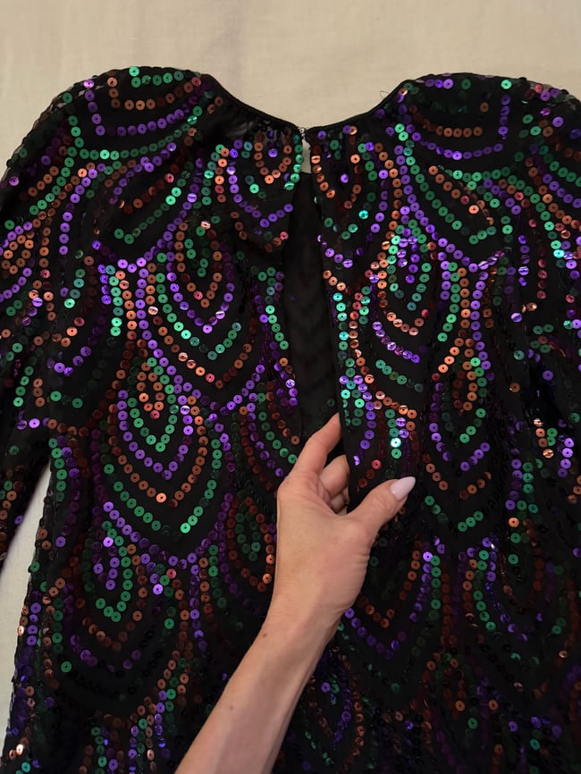 mid 1970s HALSTON sequin silk keyhole mini dress designer