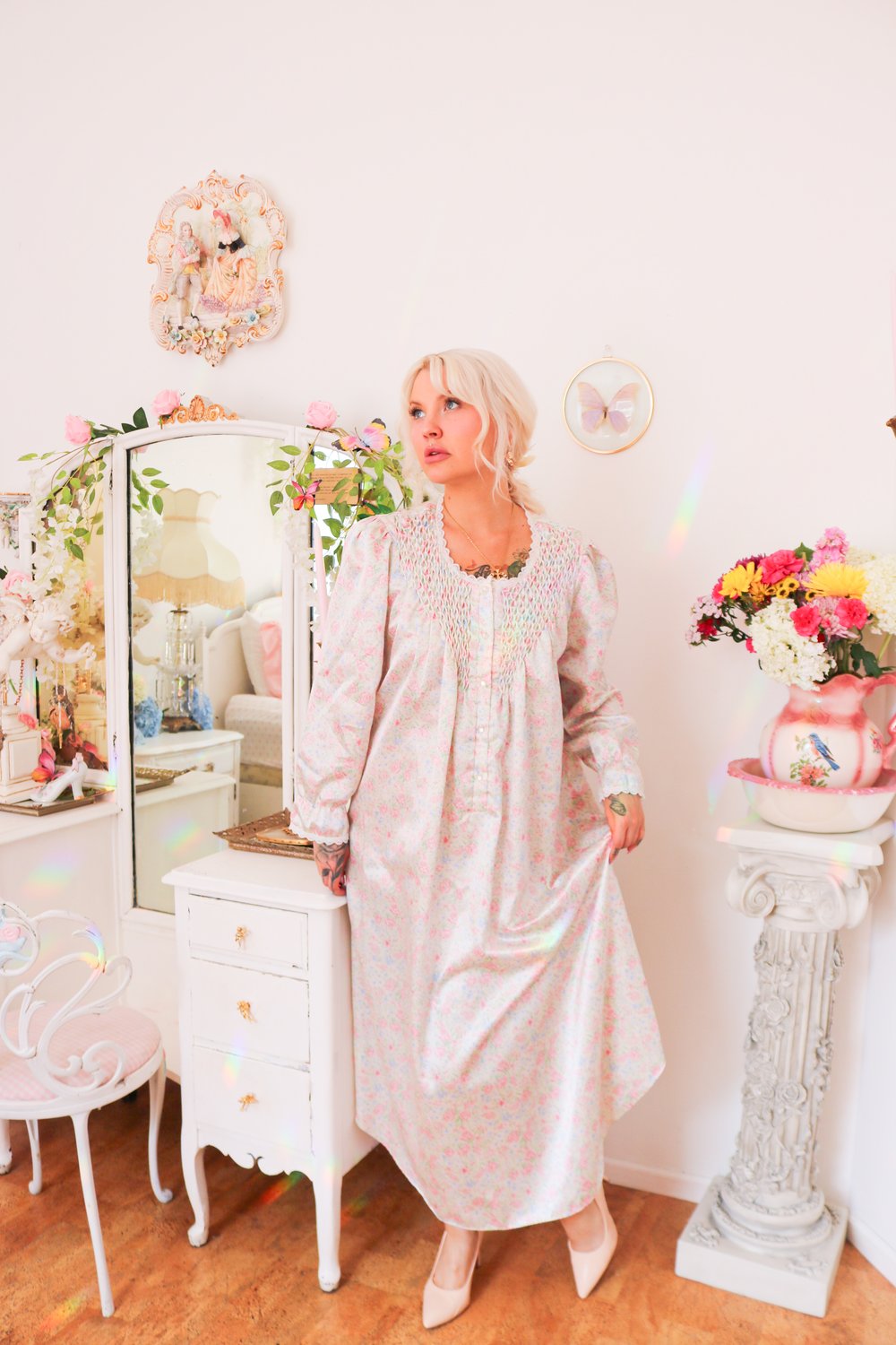 90s Sante Cottagecore Floral Long Sleeve Nightgown (Medium)