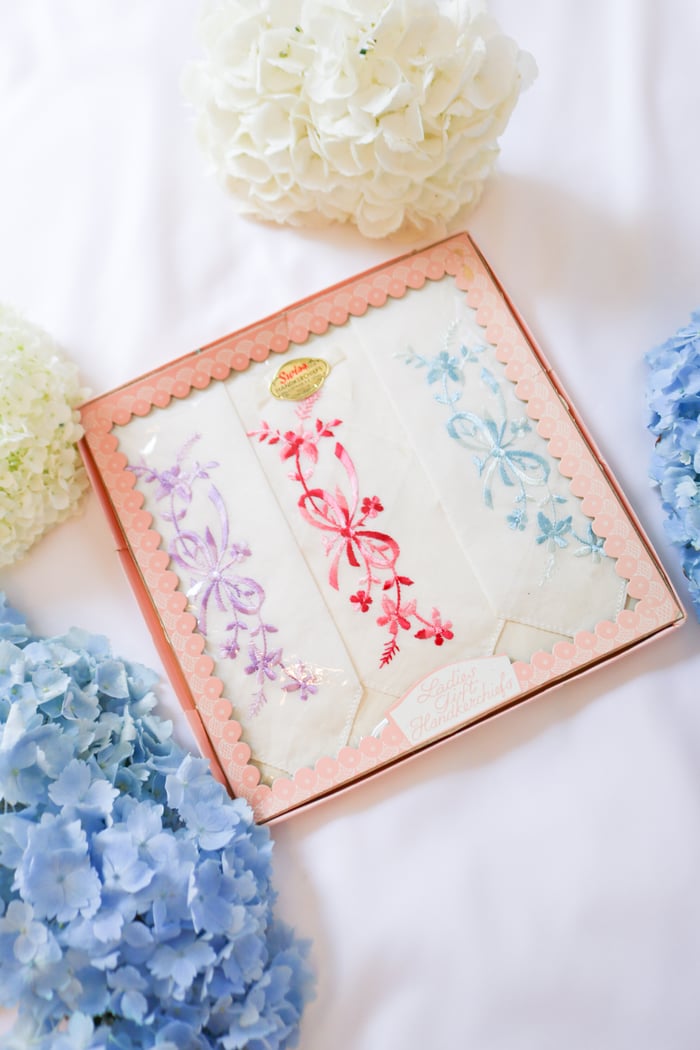 Vintage Ladies Gift Box Handkerchiefs with Bow and Floral Embroidery 