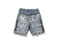 Image 2 of  Custom Upcycled Reworked Screen Print blue denim jean jorts shorts – Skulls, h...