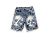 Image 1 of  Custom Upcycled Reworked Screen Print blue denim jean jorts shorts – Skulls, h...