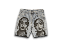 Image 1 of 505 Levi's Custom Upcycled Reworked black Screen Print blue denim jorts – Sade Adu