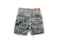Image 2 of 505 Levi's Custom Upcycled Reworked black Screen Print blue denim jorts – Sade Adu
