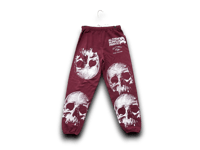 Image 1 of Custom Upcycled Reworked Screen Print burgundy sweatpants – Skulls, heavy metal 