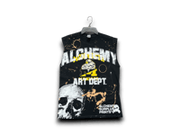 Image 1 of custom upcycled reworked screen print bleached black sleeveless T shirt - art dept, skulls 
