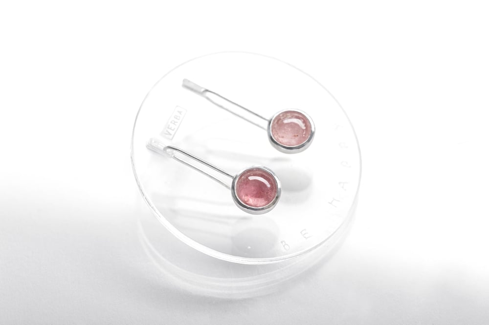 Image of "Be happy" earrings with tourmalines and inscription in Latin on another side  · SIS FELIX ·
