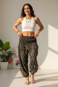 Image 1 of Paisley Winter Rayon Harem Pants - Green - 449