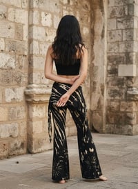 Image 9 of Festival Fairy Pants, Rayon Tie Dye Leg Boho Flare Trousers, Black Creme - 18
