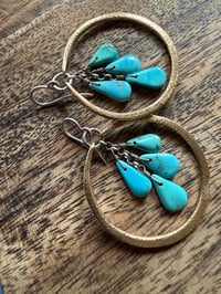 Image 4 of Kingman Turquoise Sterling Silver and Brass Hoops earrings 