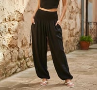 Image 1 of Harem Pants with Pockets, Boho Festival Trousers, Smocked Waist Lounge Pants, Unisex Black-510