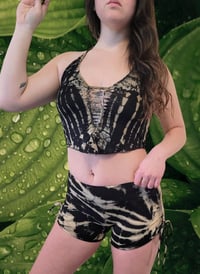 Image 1 of Tie Dye Ruched Halter Top and High Waisted Shorts Festival Set, Black Beige