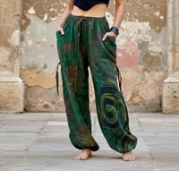 Image 2 of Thai Tie Dye Psy Pants Cotton – Relaxed Fit Festival Trousers Cinch with Pockets - Green - 477