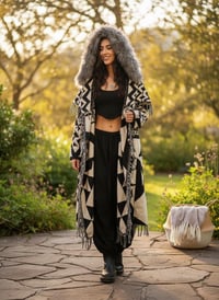 Image 1 of Hooded Fringe Coat, Aztek Blanket Cloak, Geometric Shambhala Festival Wear