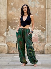 Image 1 of Thai Tie Dye Psy Pants Cotton – Relaxed Fit Festival Trousers Cinch with Pockets - Green - 477